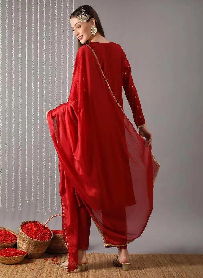 globus Women Rust Embroidered A-Line Kurta with Pant and Dupatta Set